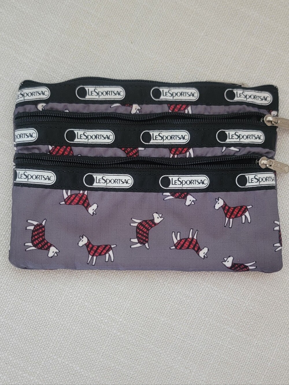 LeSportsac Gray Triple-Zip Pouch with Terrier Toss Print!